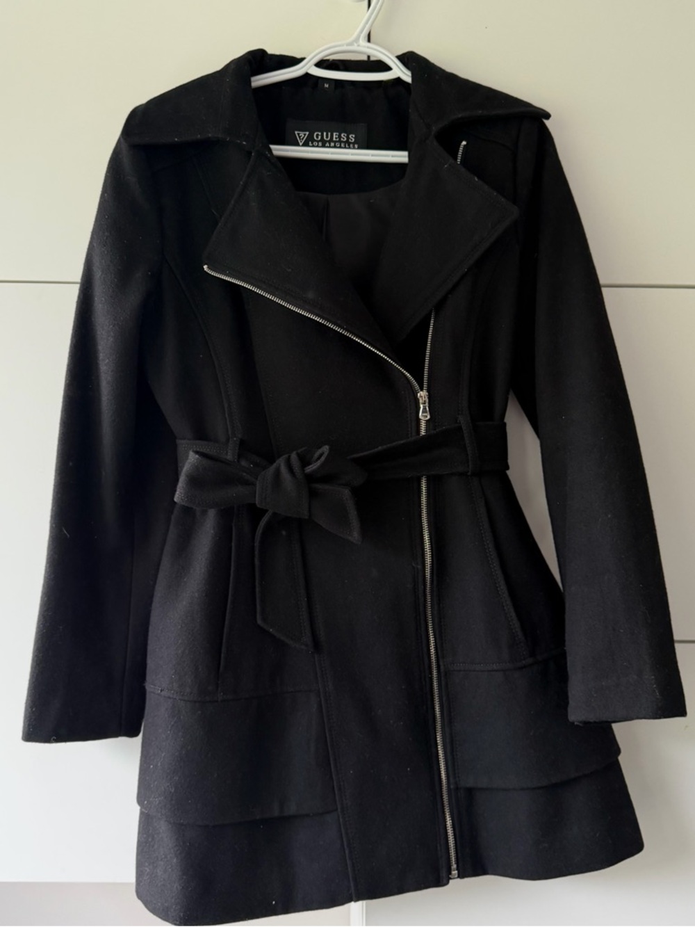Guess Black Wool blend Belted Asymmetrical Zip Trench Coat